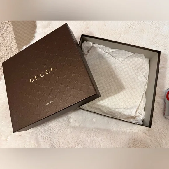 Authentic Gucci GG Logo Embossed Dark Brown Medium Gift Box, Tissue Paper & Bag